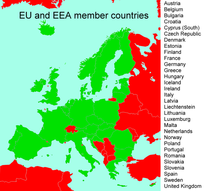 Страны-члены EEA отмечены на карте зелёным цветом