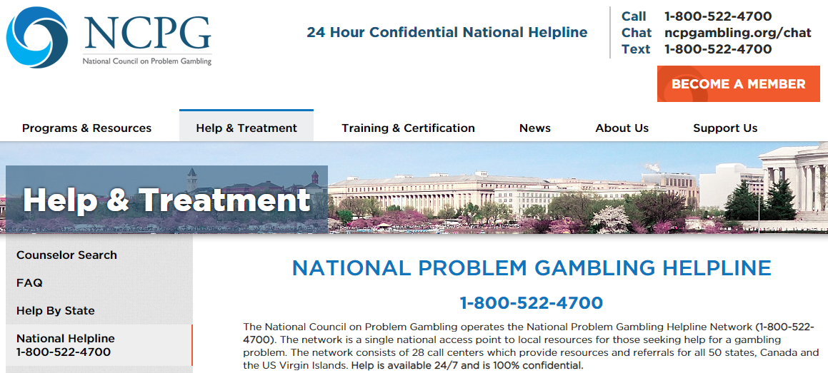 Официальный сайт Национальной линии помощи для игроков в азартные игры.