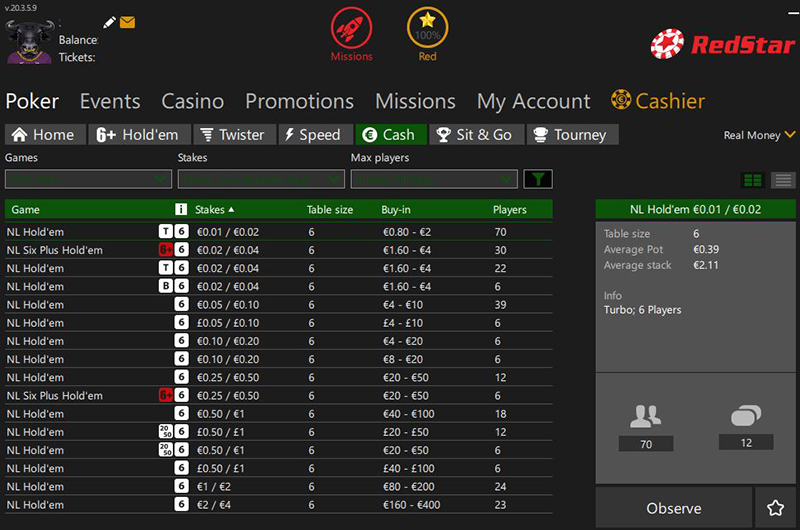 Лобби кэш Холдем RedStar во вторник в 14:40 МСК