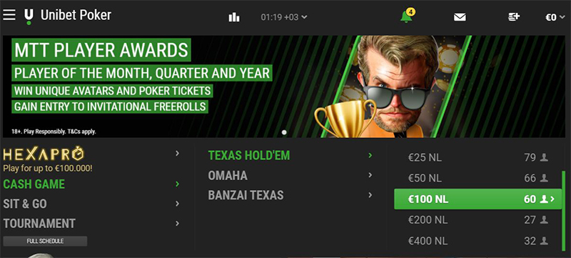 Лобби кеш-игры на Unibet