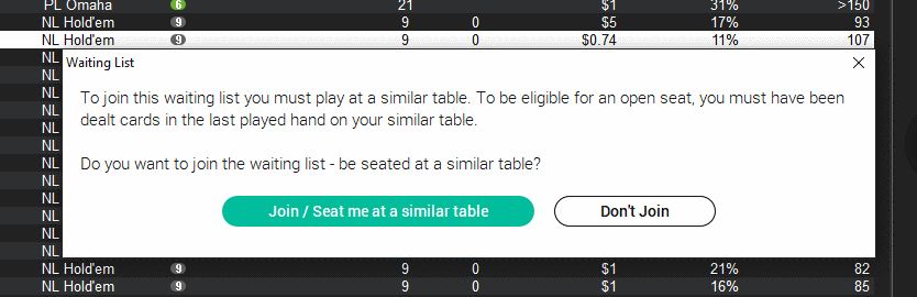 При попытке встать в лист ожидание появляется сообщение: «Чтобы встать в лист ожидания, вы должны играть за аналогичным столом»