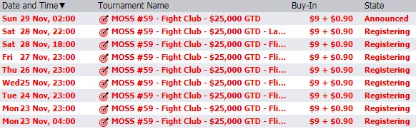 Расписание стартовых флайтов $9,90 MOSS Fight Club $25K GTD