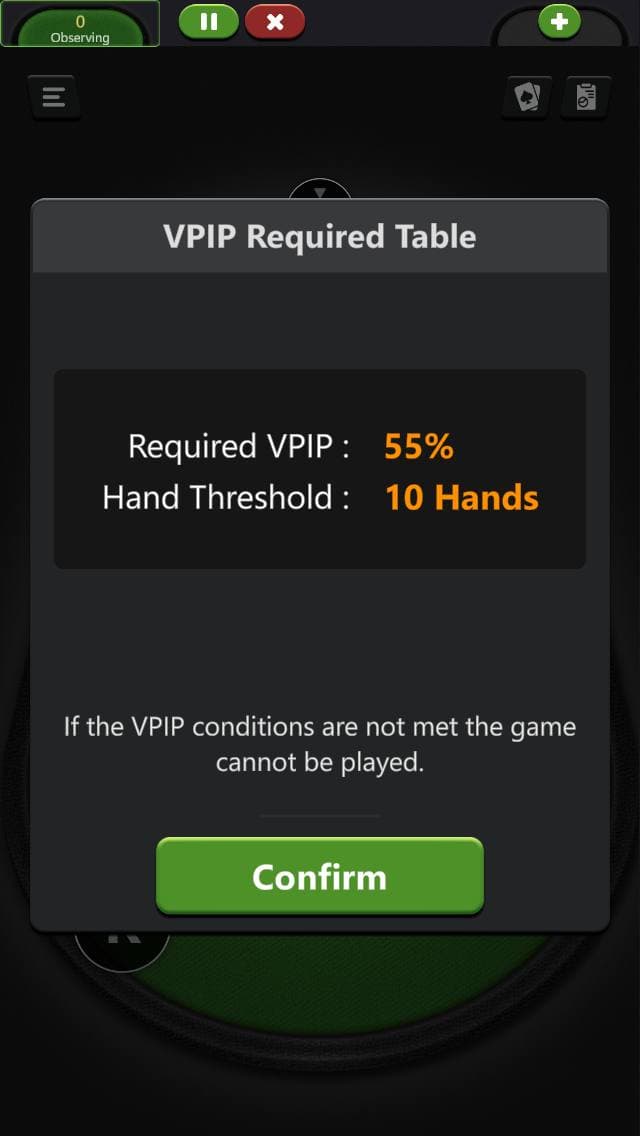 Пример сообщения, которое появляется у игрока, который садится за стол с требованиями по минимальному VPIP