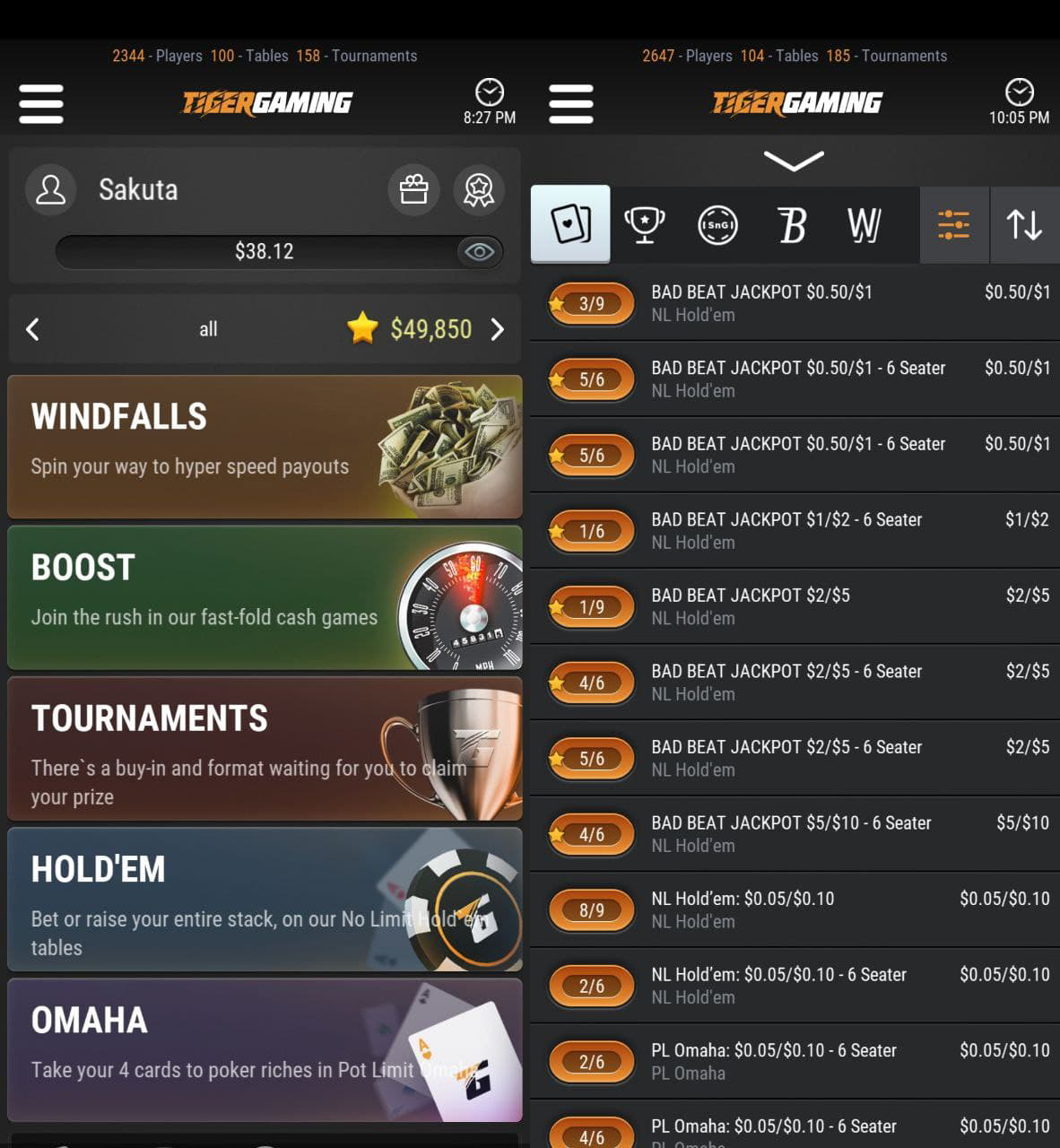Заглавный экран мобильного приложения TigerGaming на Android