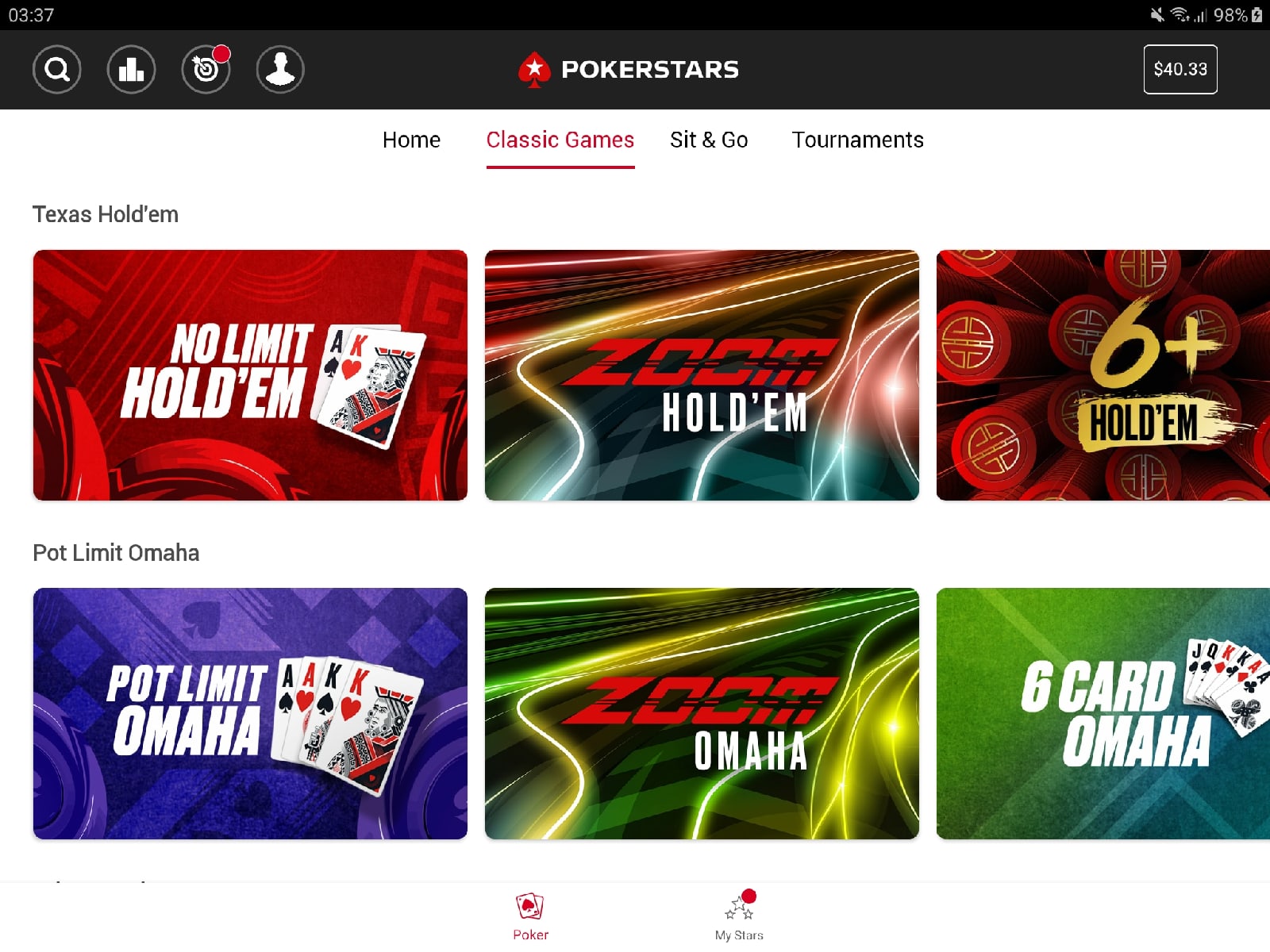 Лобби PokerStars Mobile в феврале 2021 года.