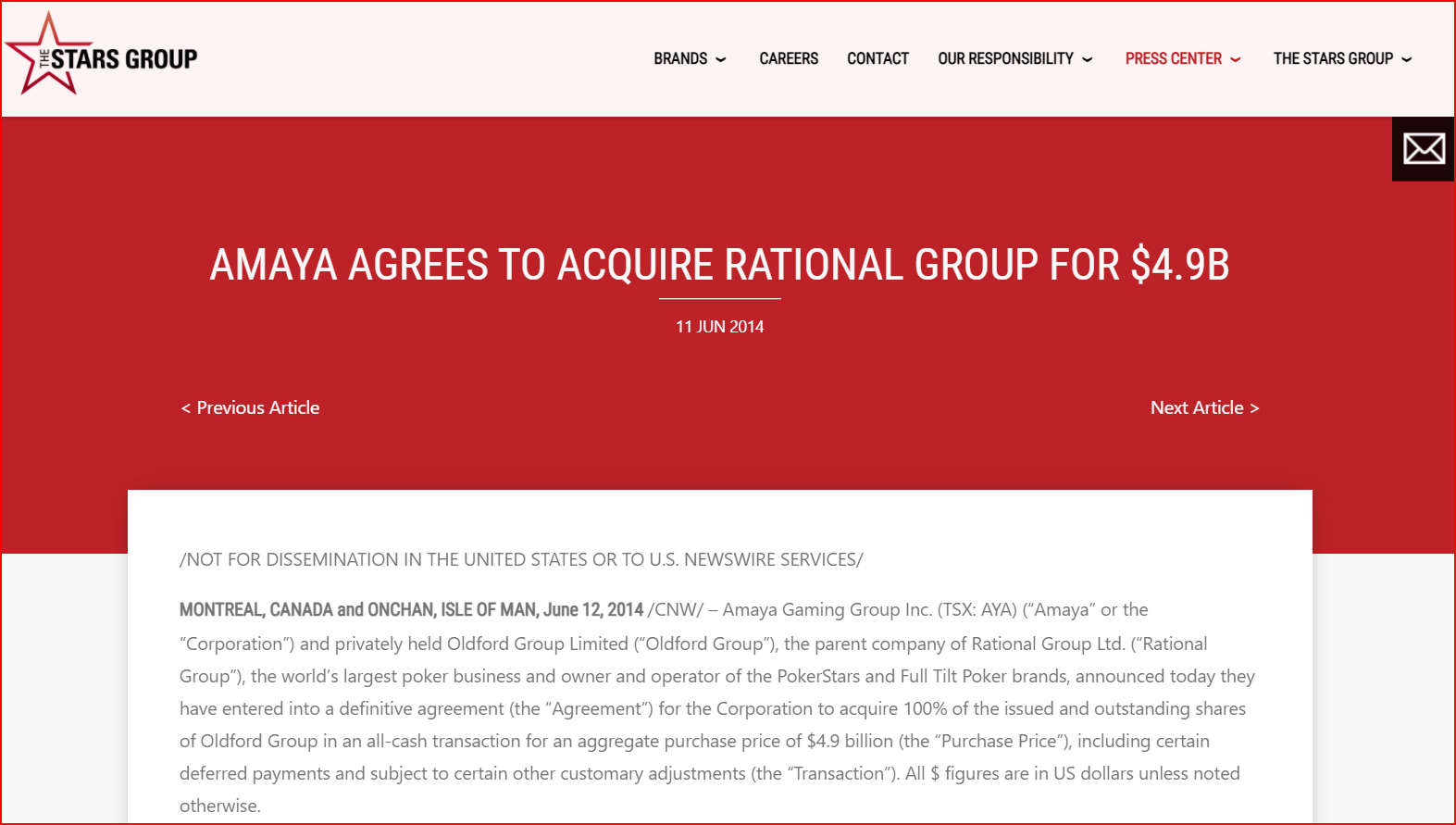 Объявление о сделке между Amaya и Rational Group на сайте The Stars Group, 11 июня 2014 года.