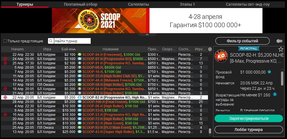 Расписание дорогих турниров SCOOP