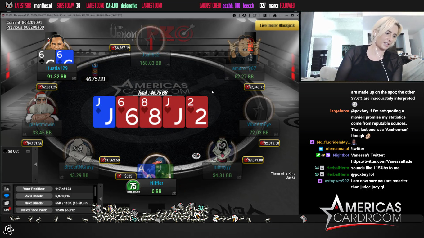 Ванесса Кейд вылетела на 123 месте, выставившись на флопе с топ-парой против сета ($5,012)