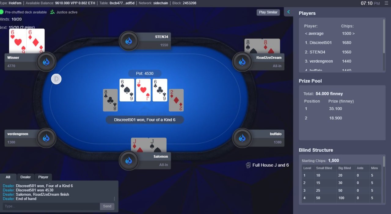 Стол криптовалютного рума Virtue Poker, официально заработавшего 28 мая 2021 года. Его разработка и наладка работы шли с сентября 2017 года.