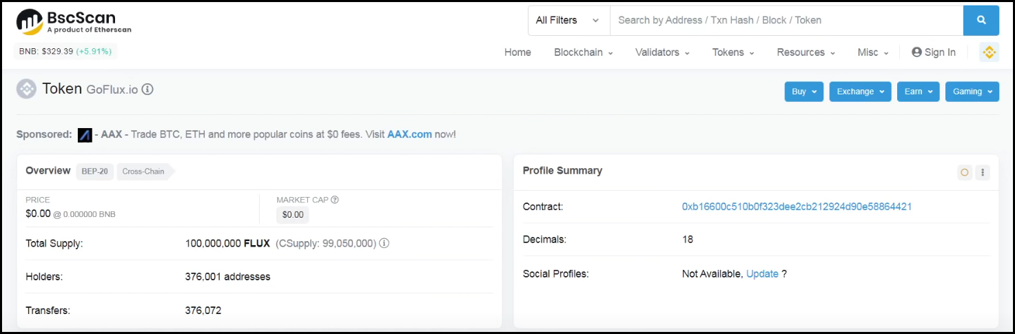 Информация с сайта BscScan про общую сумму активов FLUX.