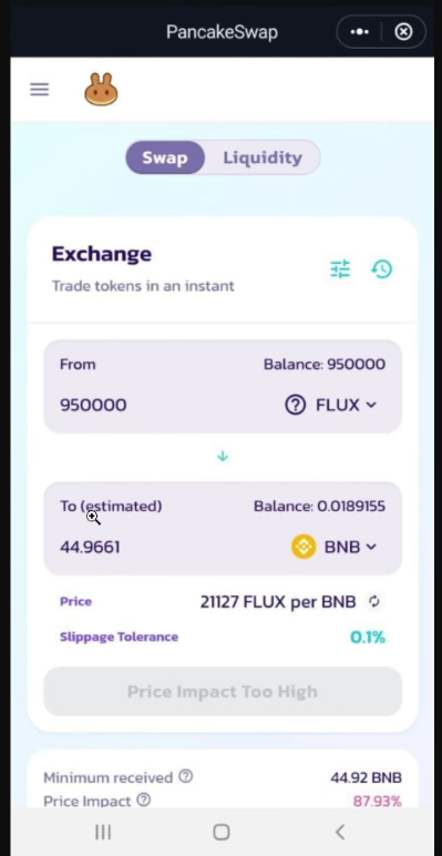 Так выглядит предложение по обмену фейковых токенов FLUX в кошельке MetaMask.