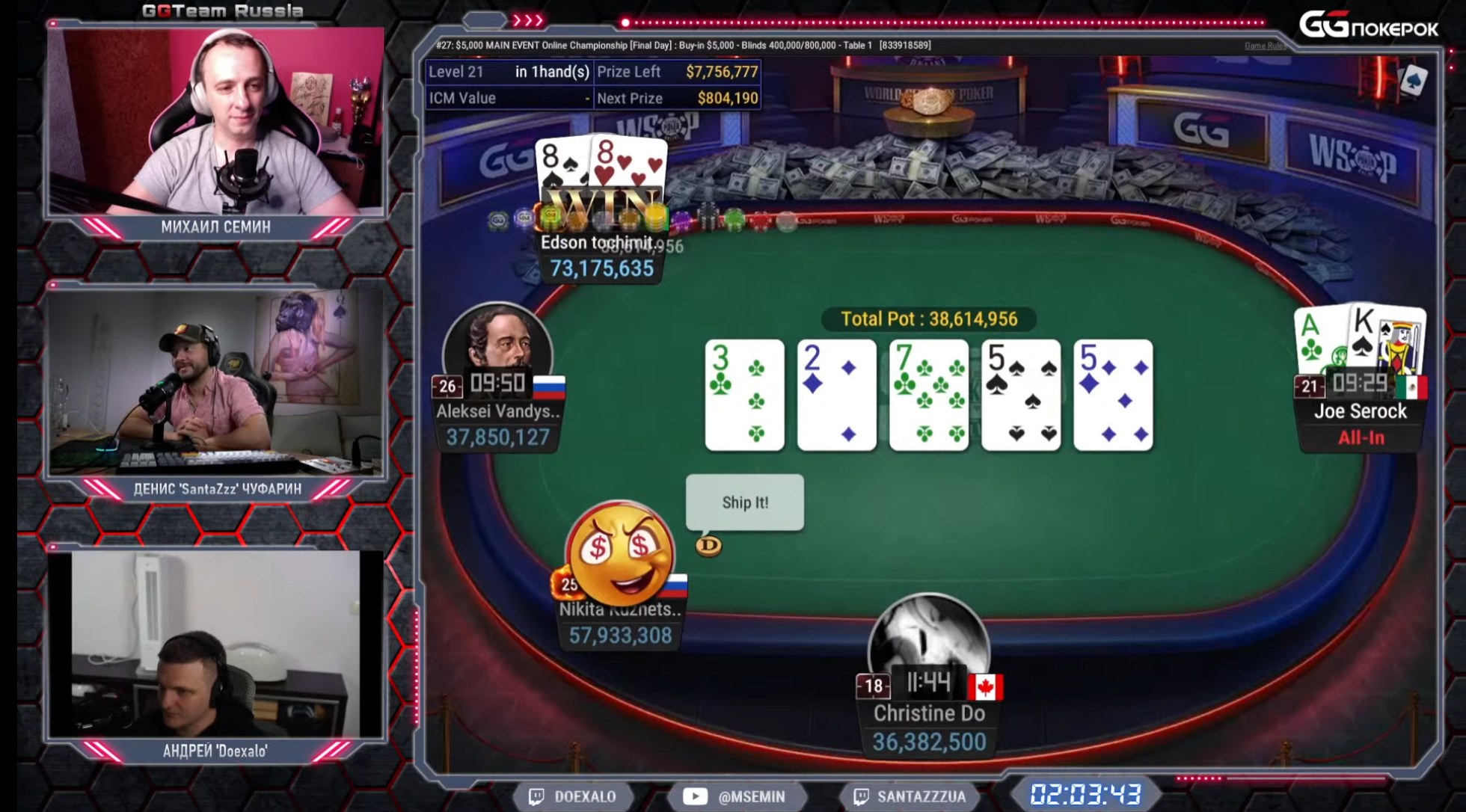 Вылет Джо Серока на 5 месте Main Event WSOP Online 2021.