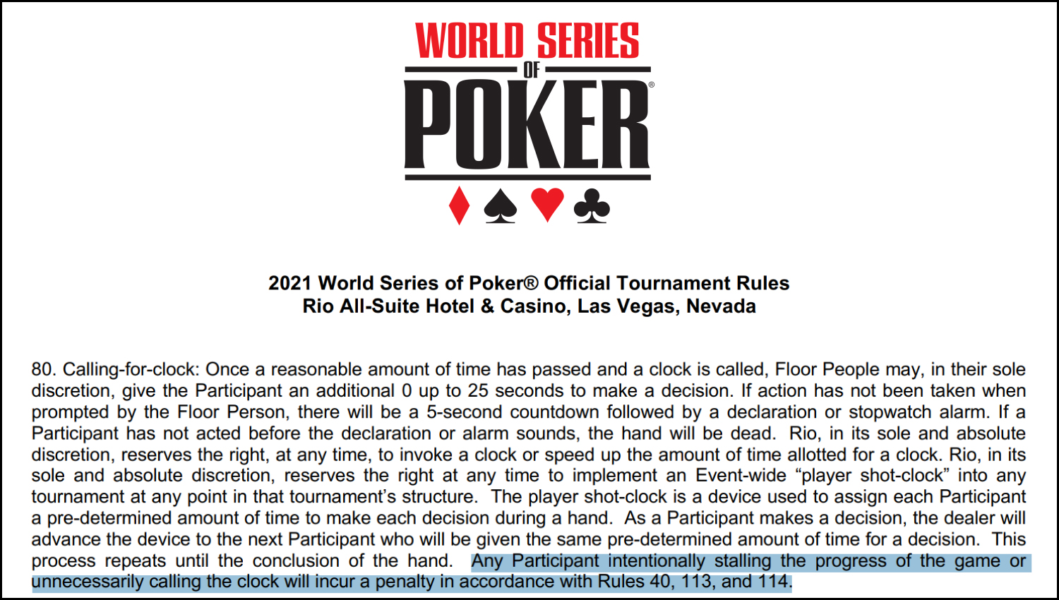 Выдержка из актуальных правил WSOP 2021.
