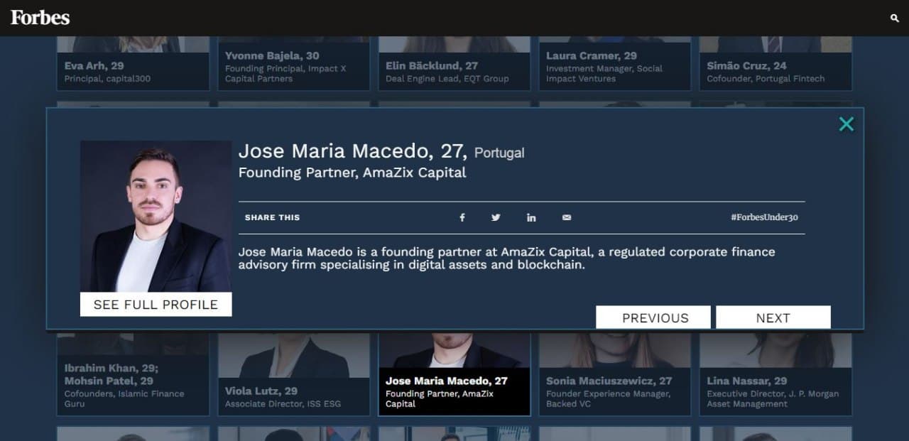 Хосе Маседо на странице журнала Forbes