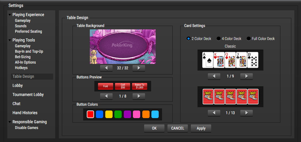 Дизайн стола настраивается в Settings — Table Design