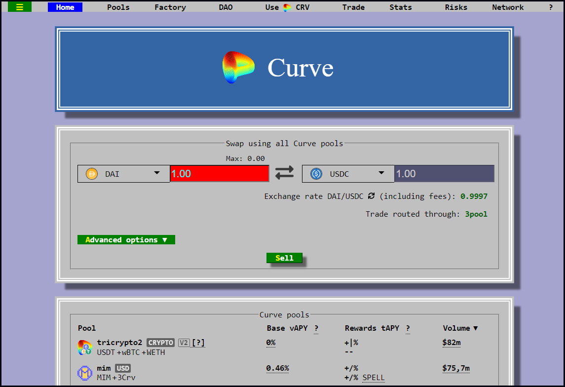 Меню и функционал DeFi-платформы на примере DEX Curve.fi