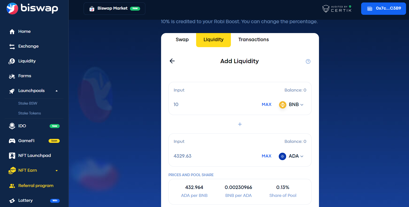 Приобретение ликвидных пар (LP) через Biswap.
