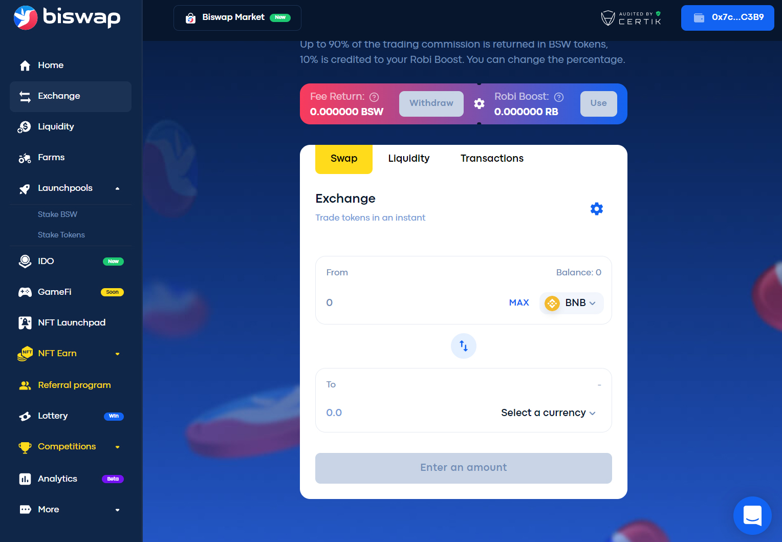 Обмен криптовалют через Biswap.