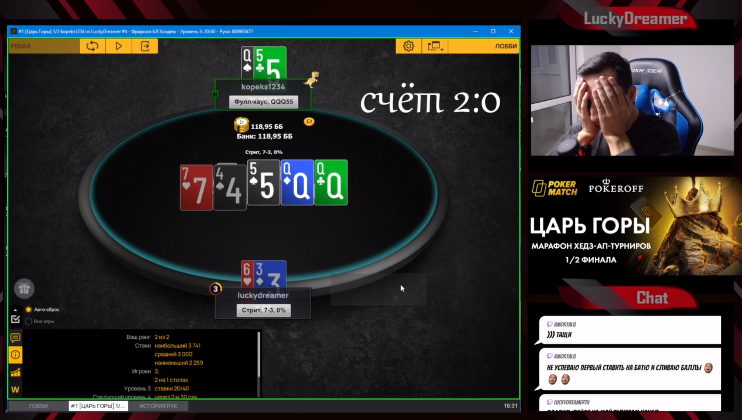 Раздача из третьего раунда 1/2 финала «Царя Горы»: лимпованный пот, «kopeks1234» сделал колл чек-рейза на флопе, заколлировал ставку в 70% пота на тёрнё и заколлировал рейз олл-ин на ривере.