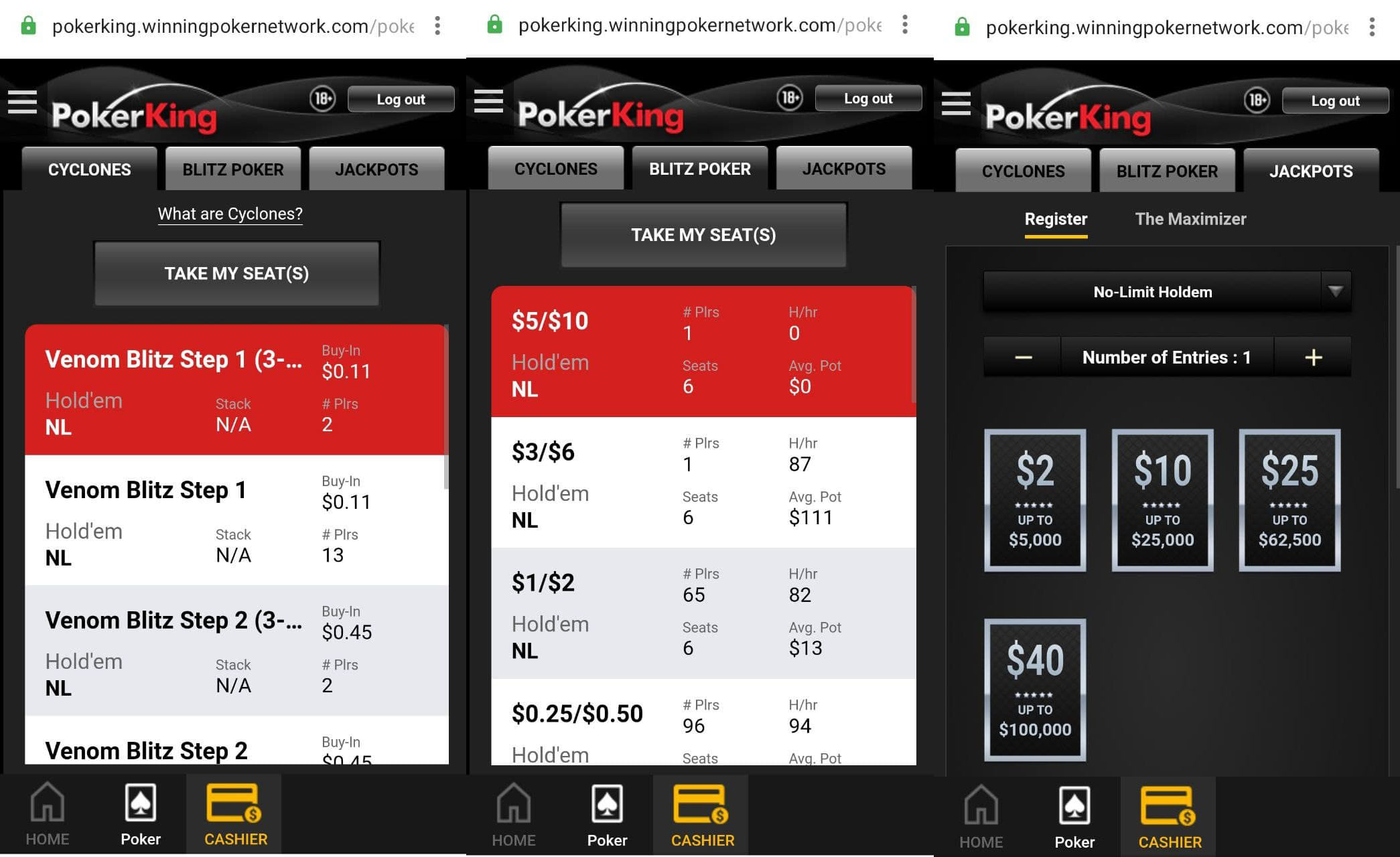 Мобильный клиент PokerKing включает три окна: Cyclones, Blitz, Jackpots