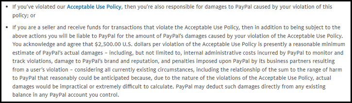 Выдержка из правил пользования PayPal на тему действий, которые платёжка делает при их нарушении