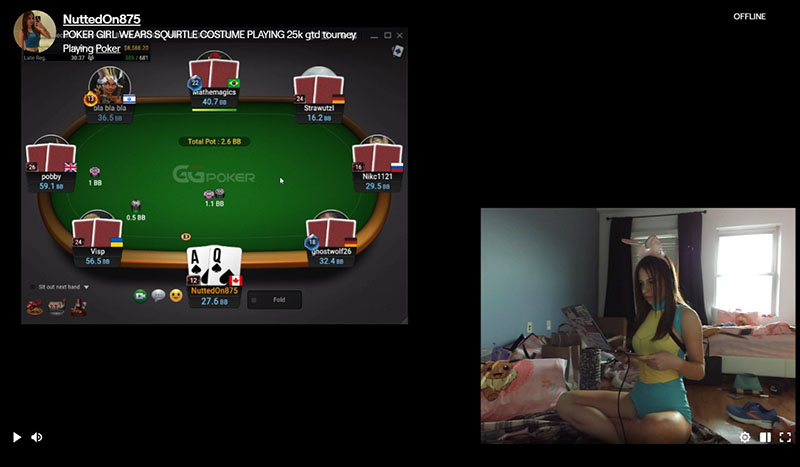 Перевод названия стрима: «Покерная девочка в костюме Сквирти играет турнир с гарантией $25K»