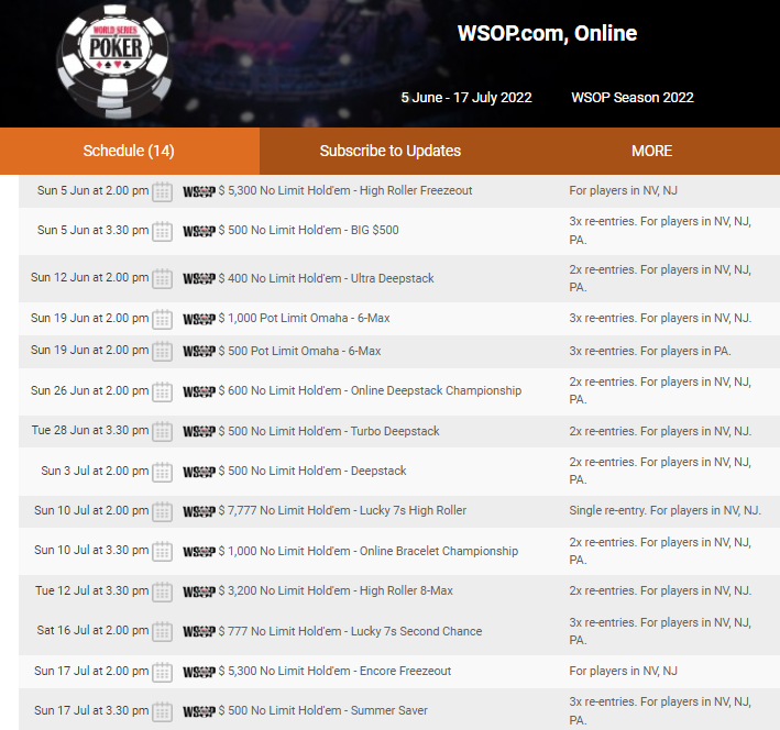 Расписание WSOP Online для игроков из США