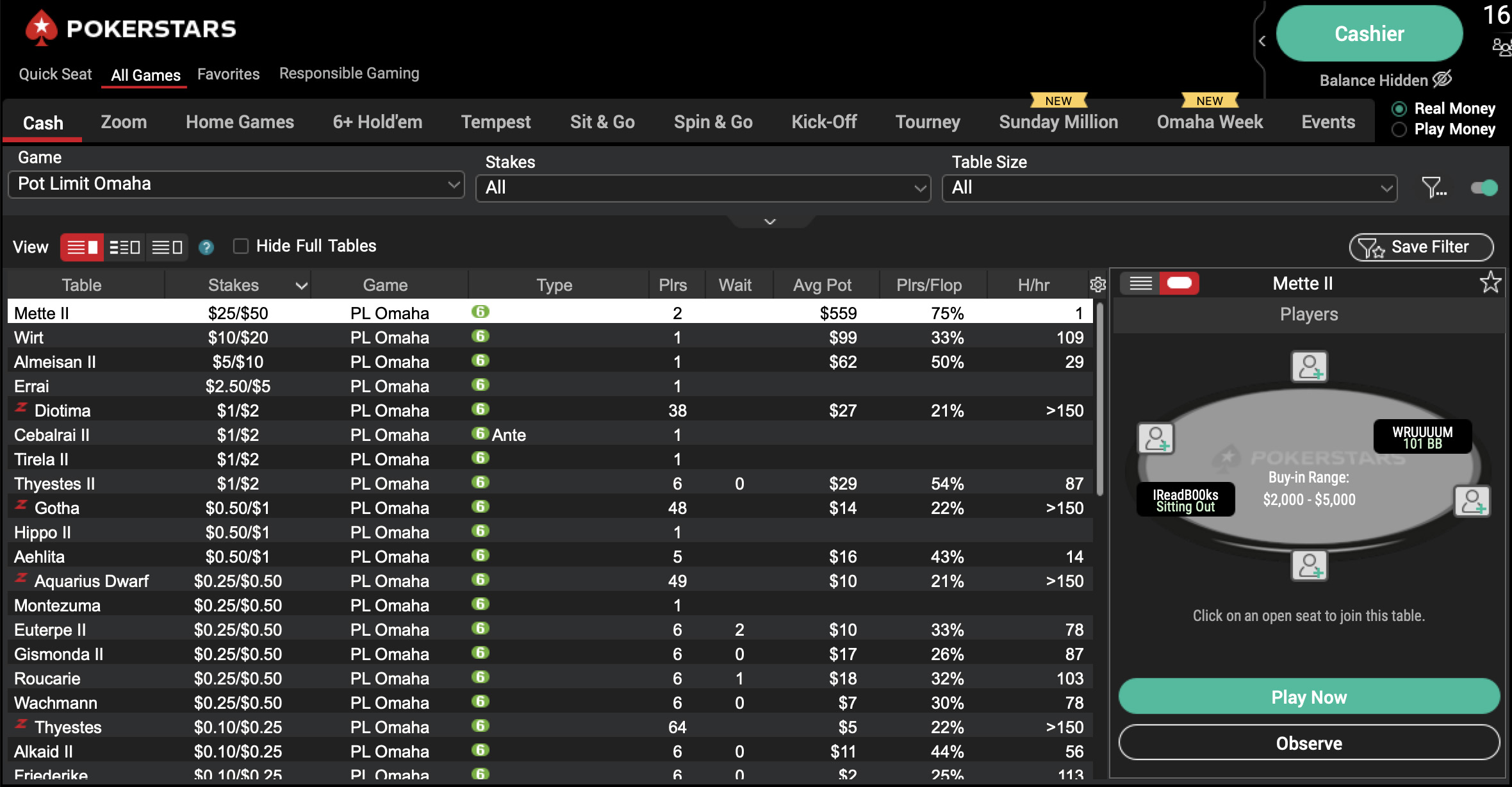 Лобби PLO PokerStars