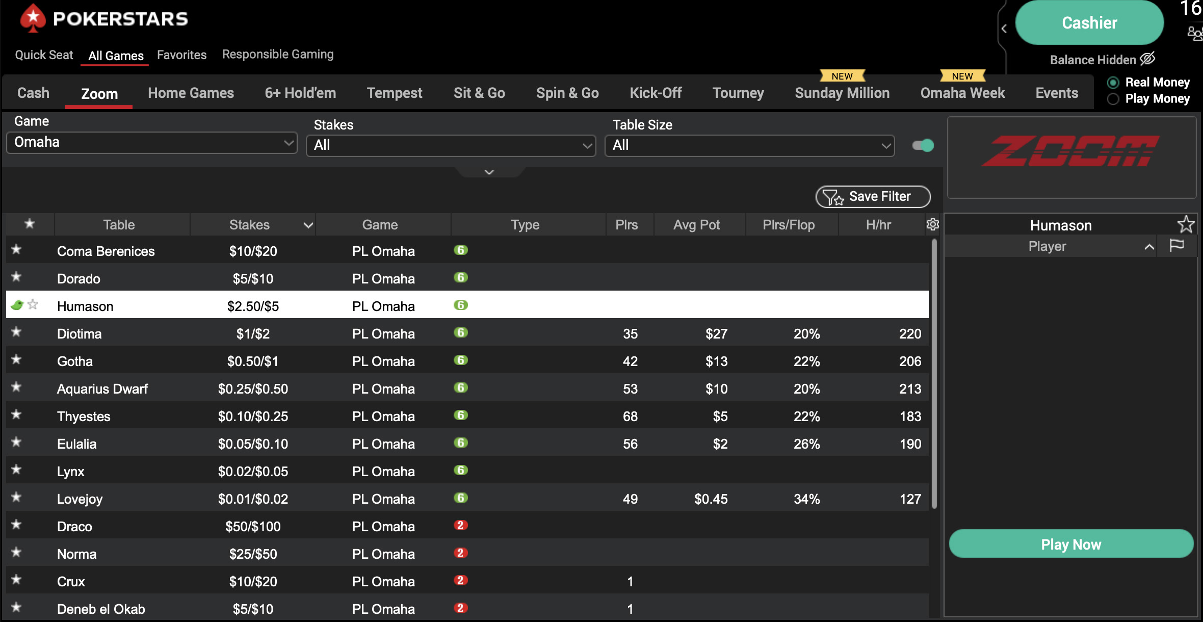 Лобби PLO Zoom PokerStars