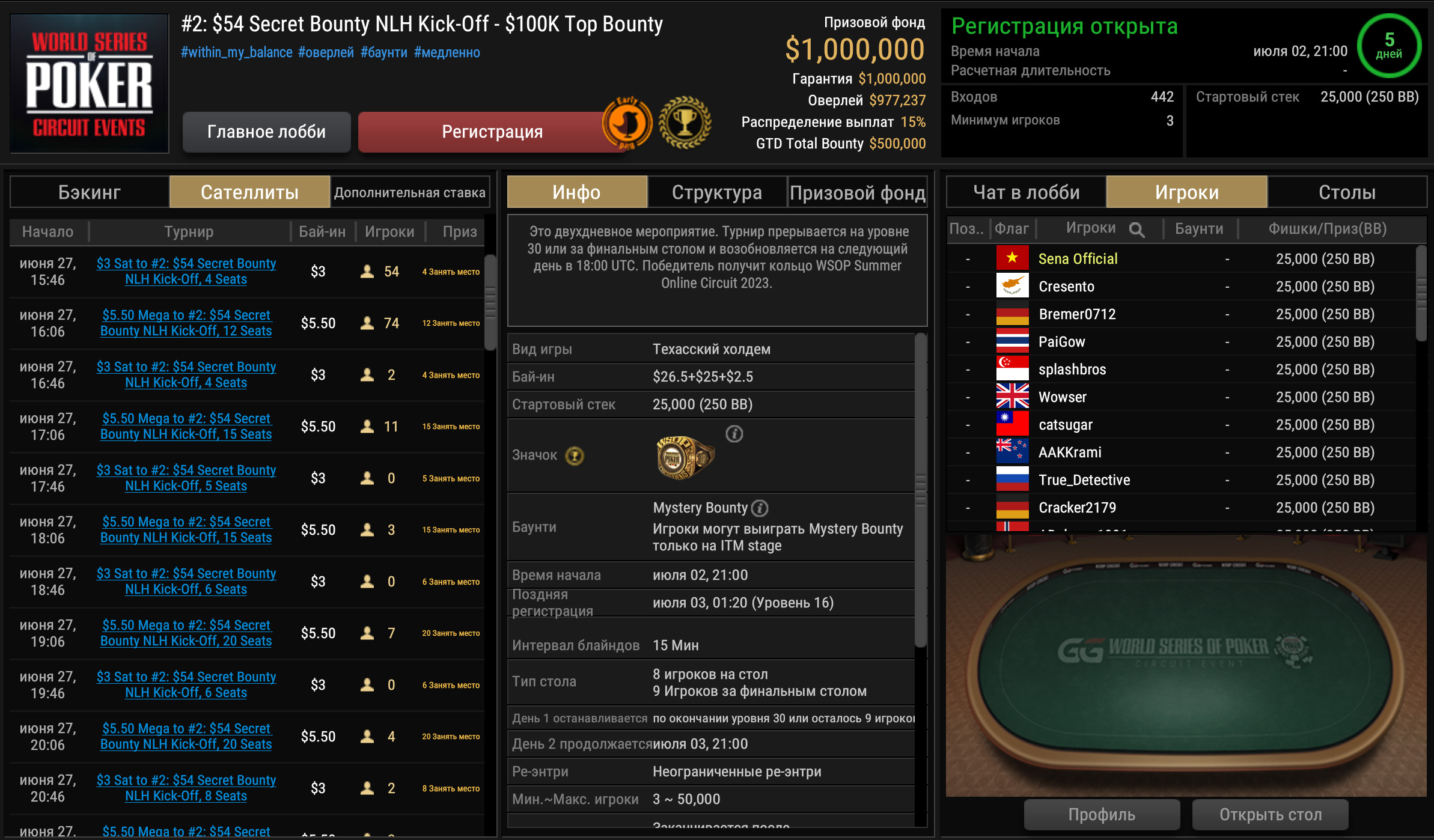 Лобби $54 WSOPC Secret Bounty NLH Kick-Off