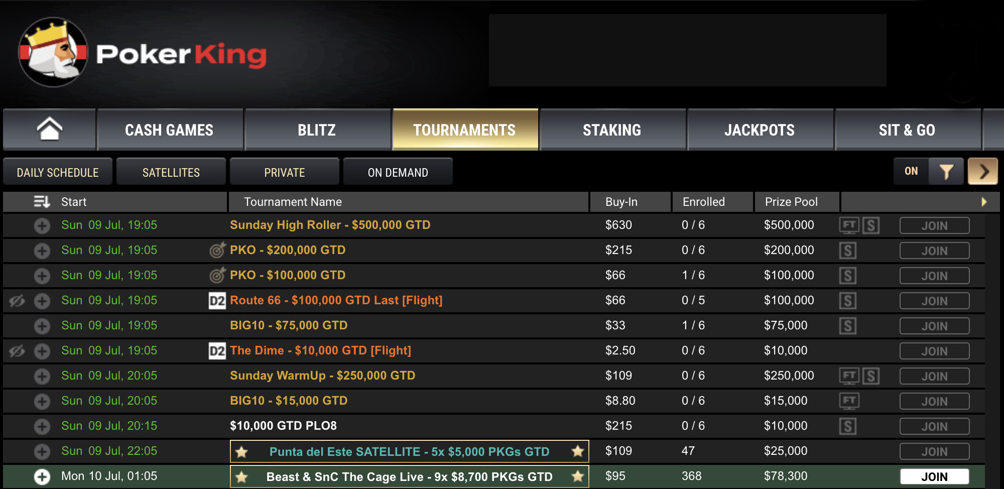 Крупнейшие события PokerKing в воскресенье 9 июля