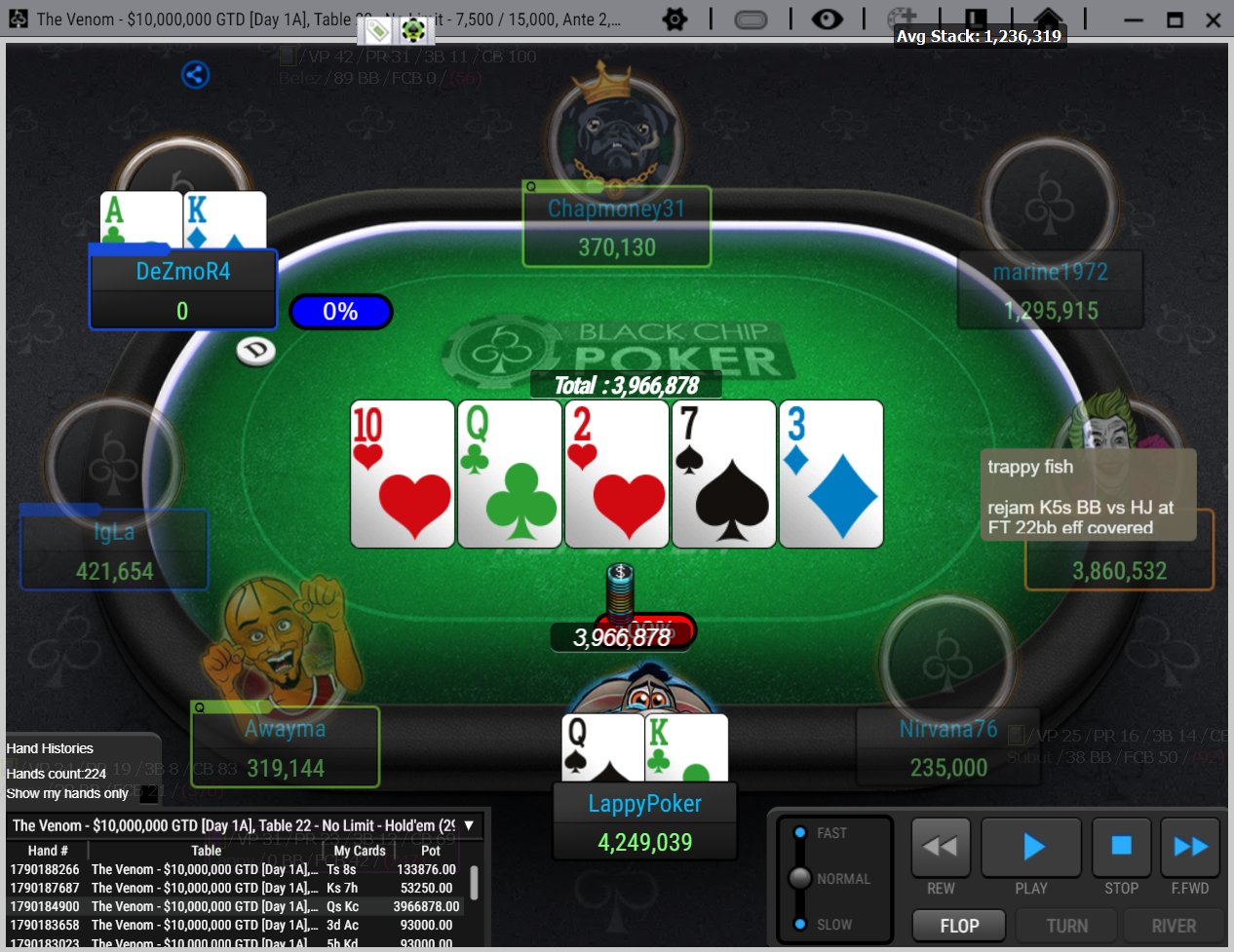 WSOP не сложился, надеюсь The Venom $10M GTD отдаст. Прошёл в Day 2 со стеком 4,3М (195 бб)