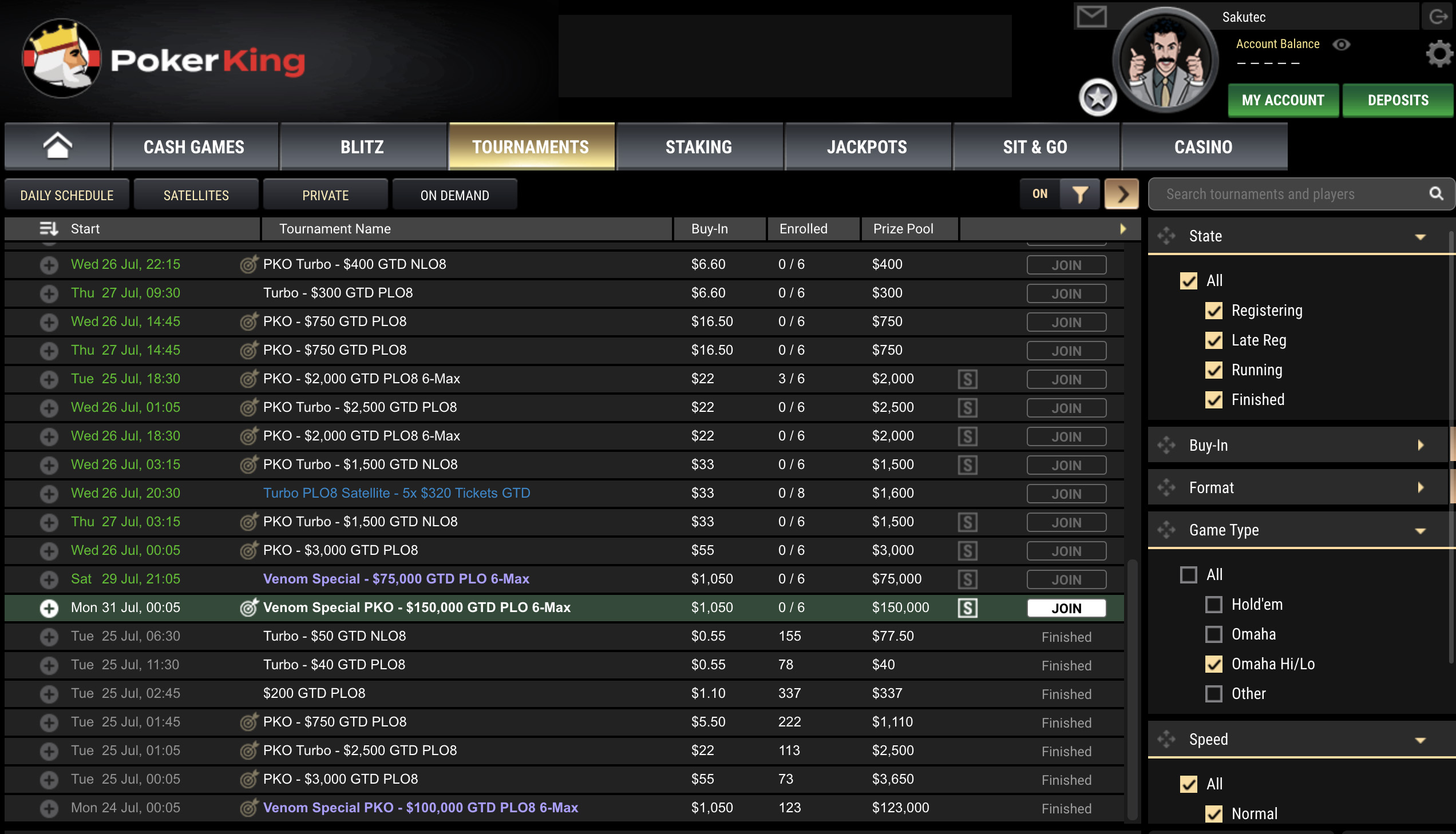 Важно! В лобби турниры по PLO8 называются PLO 6-max