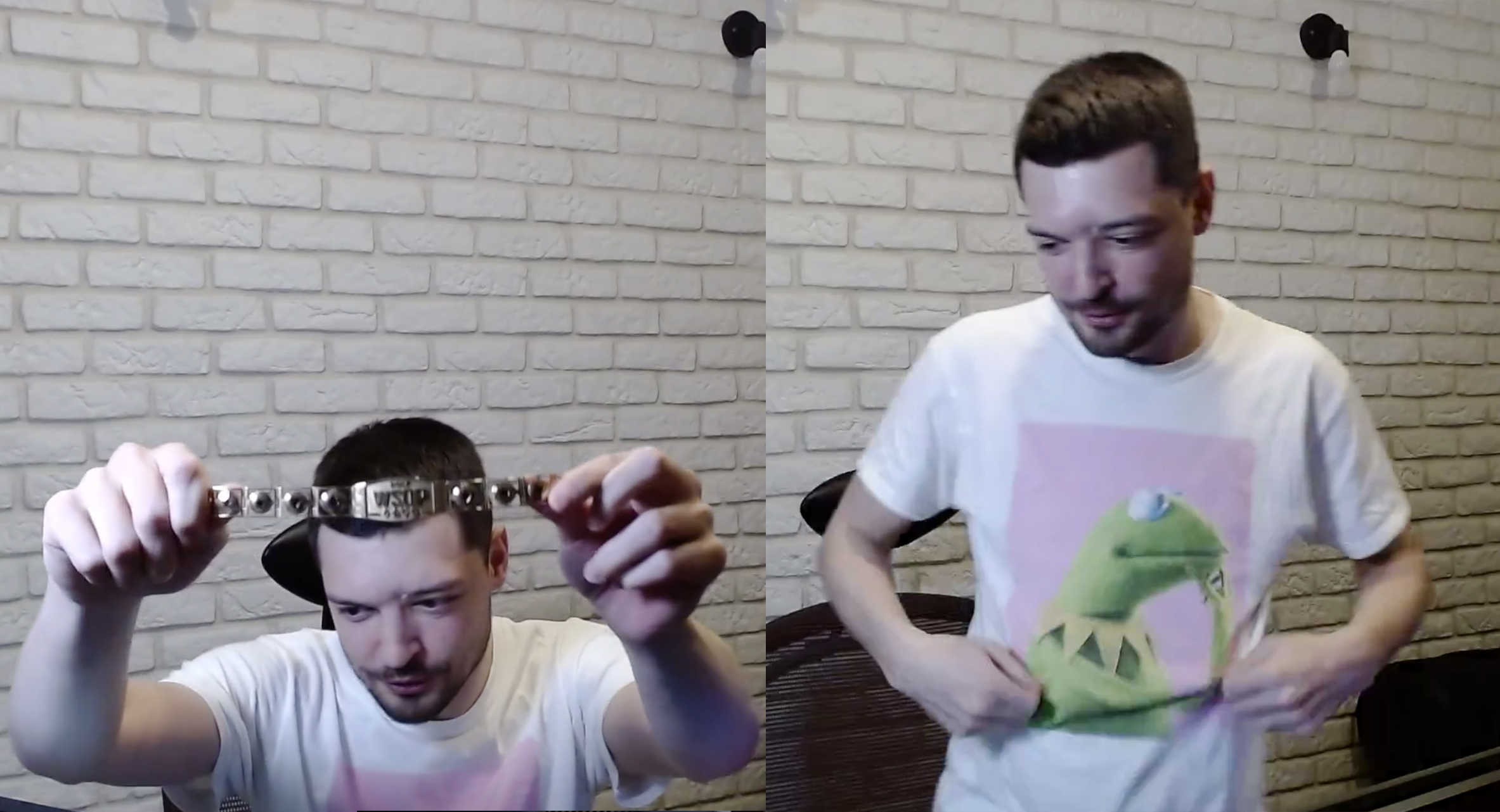 Дмитрий Юрасов празднует победу на WSOP Online 2021, показывая зрителям фартовую футболку и браслет WSOP 2017