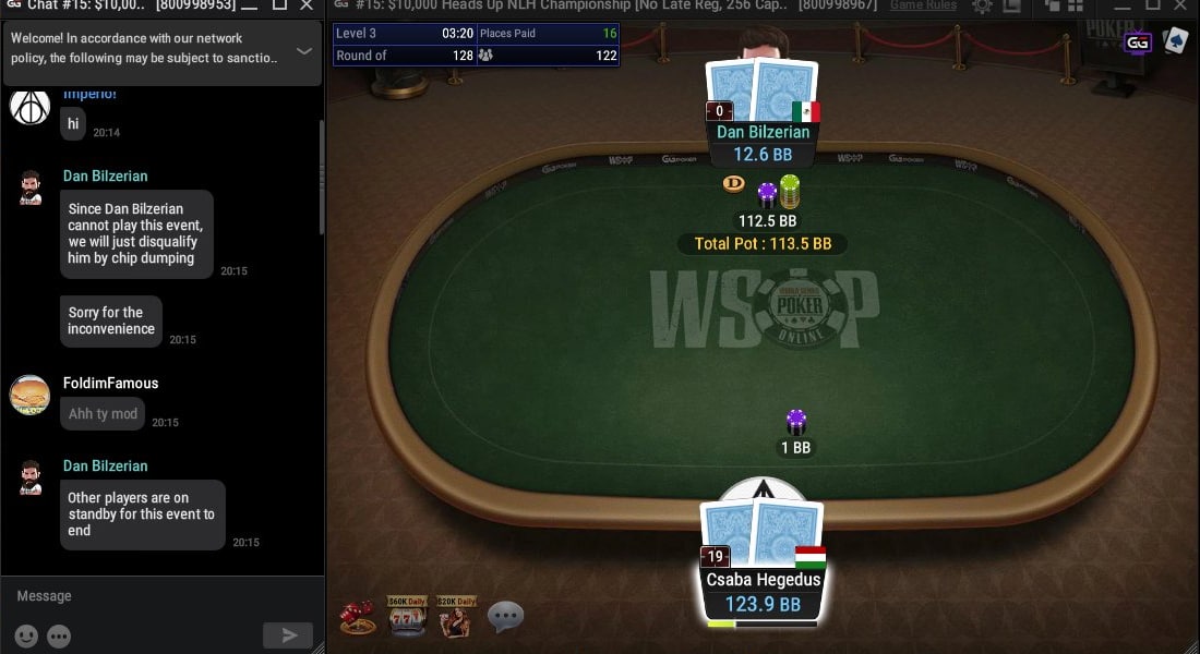 Модератор GGPoker сообщает Чабе Хегедусу, что сольёт фишки Дэна Билзеряна