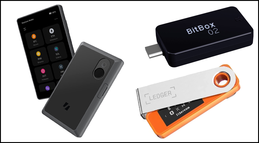 Примеры холодных кошельков для регулярного использования: слева — Keystone 3 Pro, справа сверху — BitBox02 Multi edition, справа снизу — Ledger Nano S Plus Orange