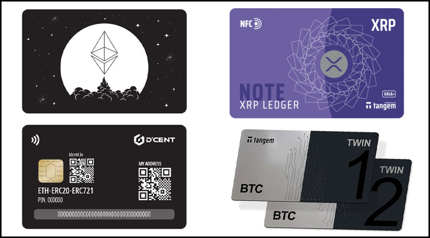Примеры холодных кошельков под одну криптовалюту: слева — D’CENT Ethereum Card Wallet, справа сверху — Tangem Note XRP, справа снизу — Tangem TWIN: BTC