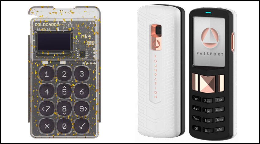 Примеры холодных кошельков с усиленной защитой: слева — Coldcard MK4 Gold, справа — Foundation Passport (Batch 2)