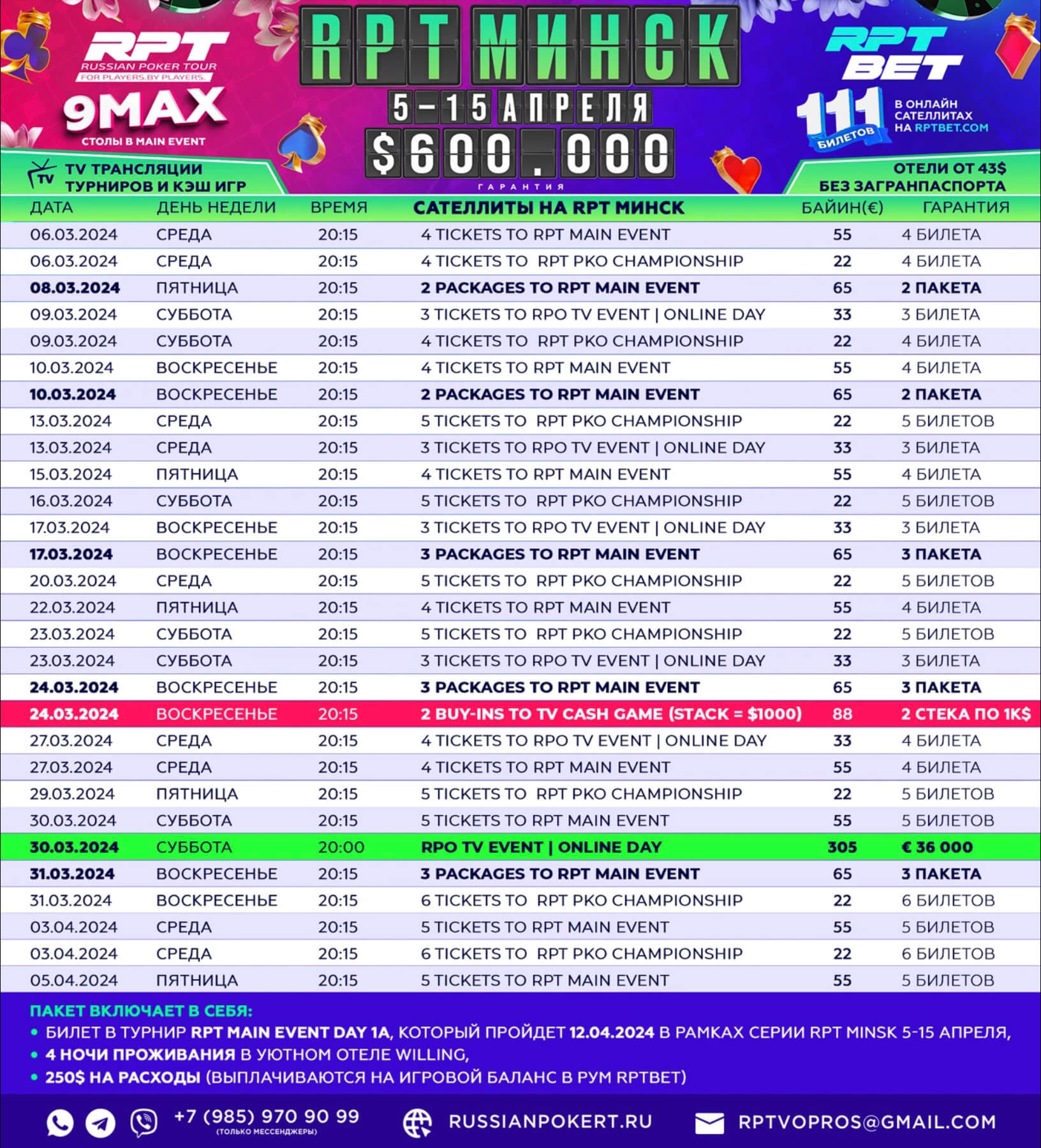 Расписание онлайн-сателлитов RPT Минск в руме RPTbet