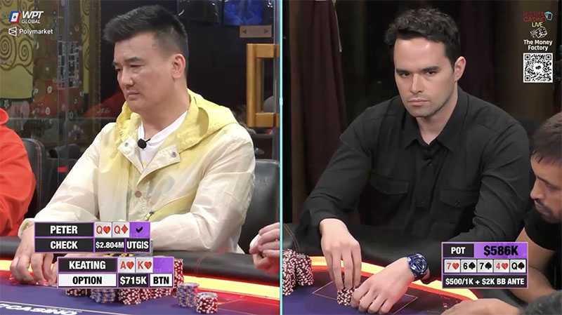 На префлопе Питер 3-бет. На флопе Питер бет 1/4 банка. На тёрне Питер чек-колл ставки $140K в банк $306K. На ривере Китинг олл-ин $715K.