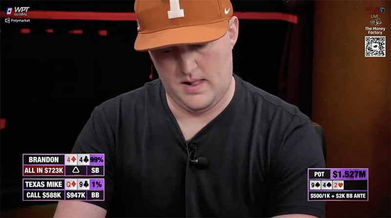 Майк Мончек не справился выкинуть топ-пару на олл-ин на флопе, банк $1,52M