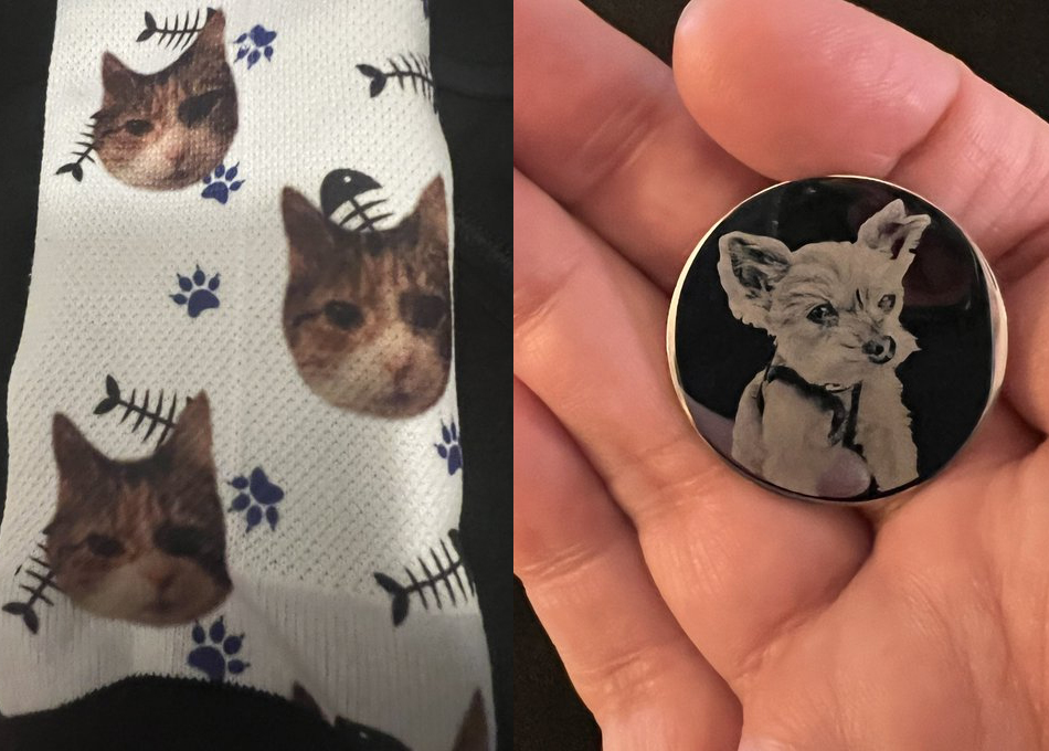 Счастливые носки Сары Стефна (слева) и талисман с любимым псом Дженис Гарсии (справа)