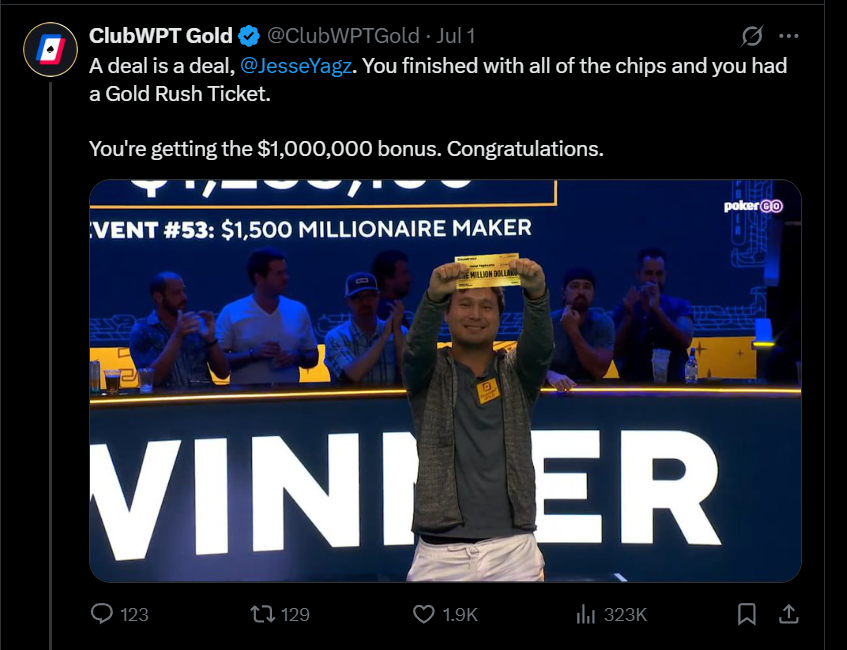 Твит ClubWPT Gold про выплату миллиона Ягинуме